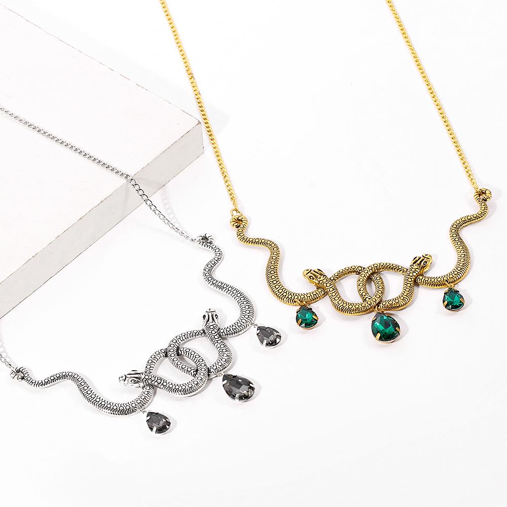 Trendy Vintage Double Snake Necklace Goth Entwined Snakes Water Drop Crystal Neck Chain For Women Party Charm Jewelry Gifts