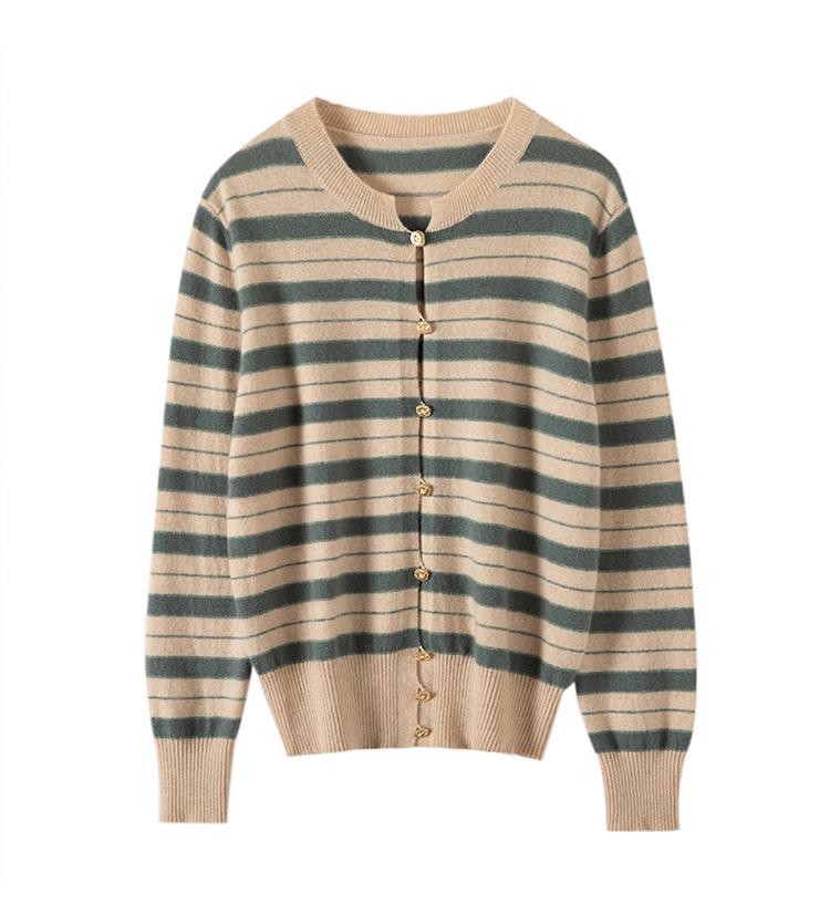 Women's Elegant Slim Fit Striped Cashmere Crew Neck Cardigan - 2026 Winter New Style, Chic Single-Breasted Top.
