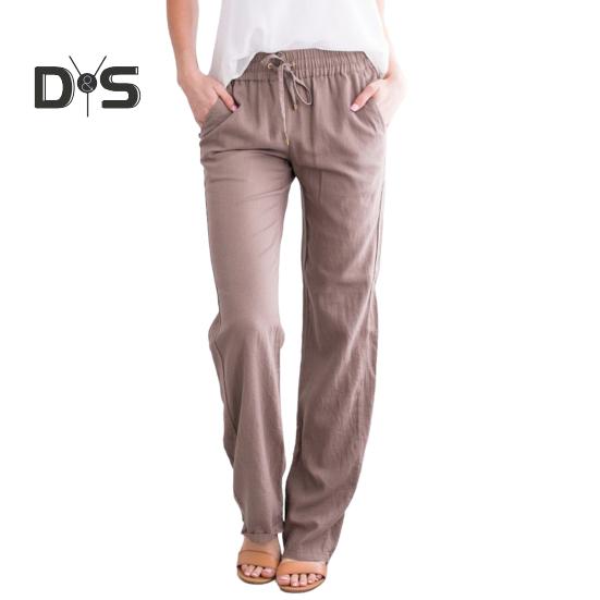 Damen Freizeithose, elastischer Kordelzug in der Taille, lange Hose mit Taschen, einfarbig, lockere Passform, Hose mit weitem Bein