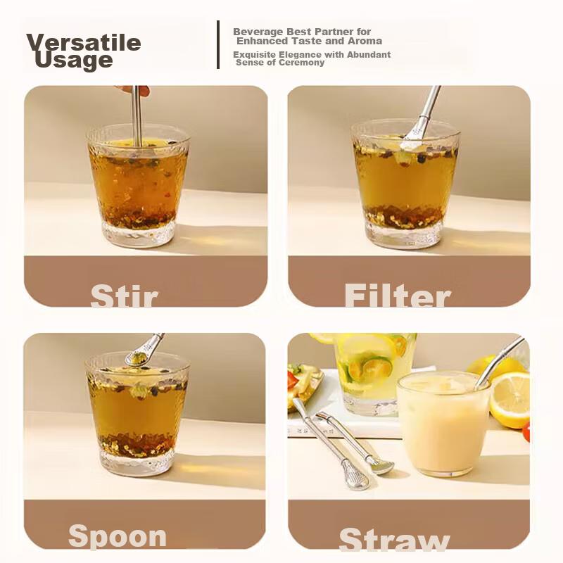 Jingmao Stainless Steel Straw Spoon Combo, Dual-Use for Coffee And Milk Tea, Stirring Spoon, Tea Strainer, Juice Drinking Straw