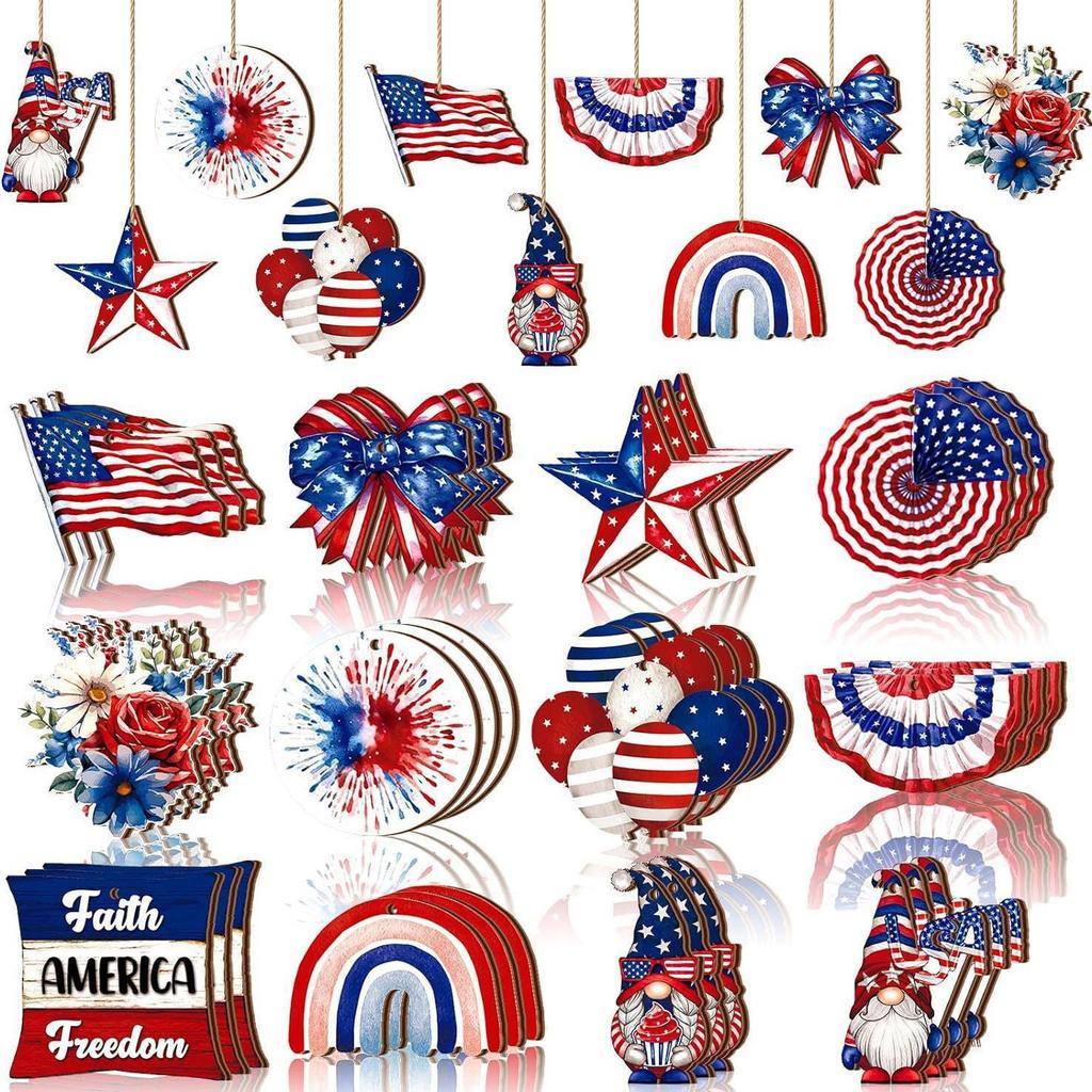 Cross-Border Independence Day Wooden Ornament with Rope Memorial Day Independence Day Patriotic Tree Ornament Pendant