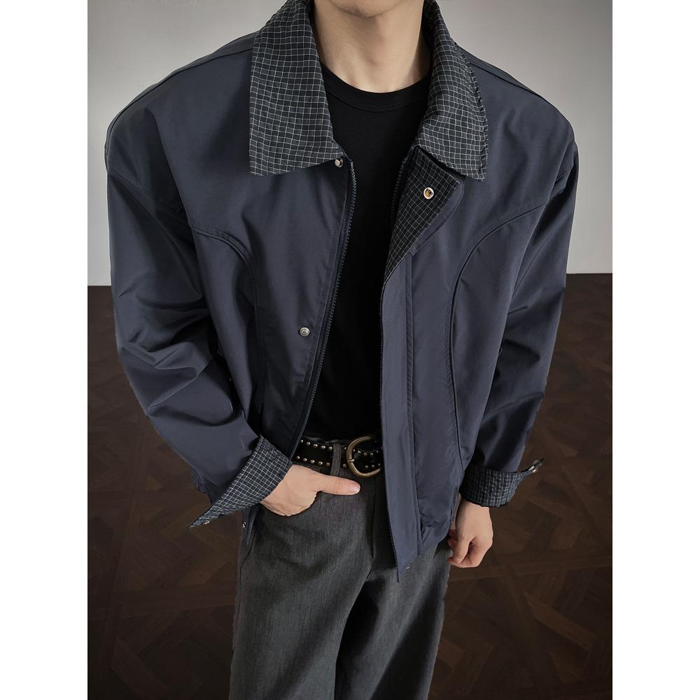 

Men s Trendy Cool Black Patchwork Bomber Jacket - Loose-Fit, Autumn Design, Lapel Collar XXL темно-синього кольору
