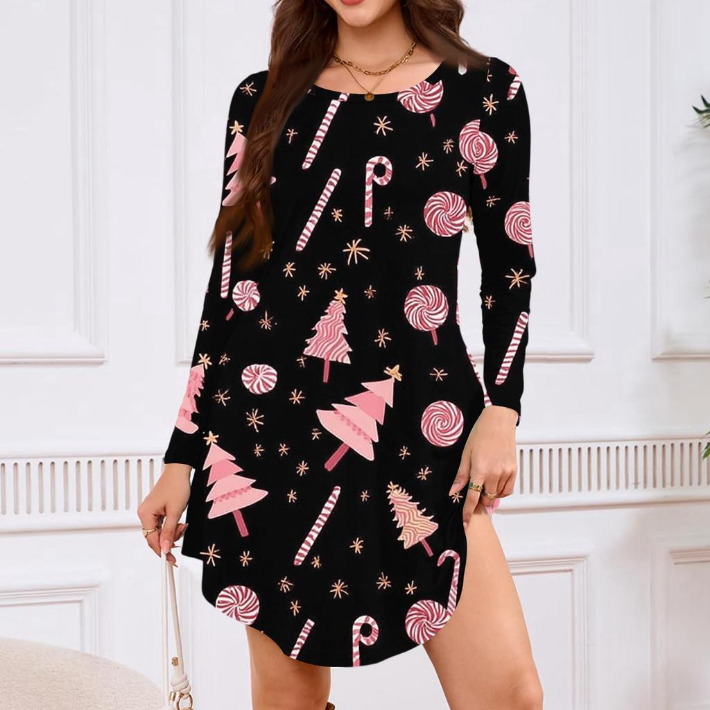 Women's Long-sleeved T-shirt Dress With Round Neck, Knee-length, Loose Fit, Casual And Pockets