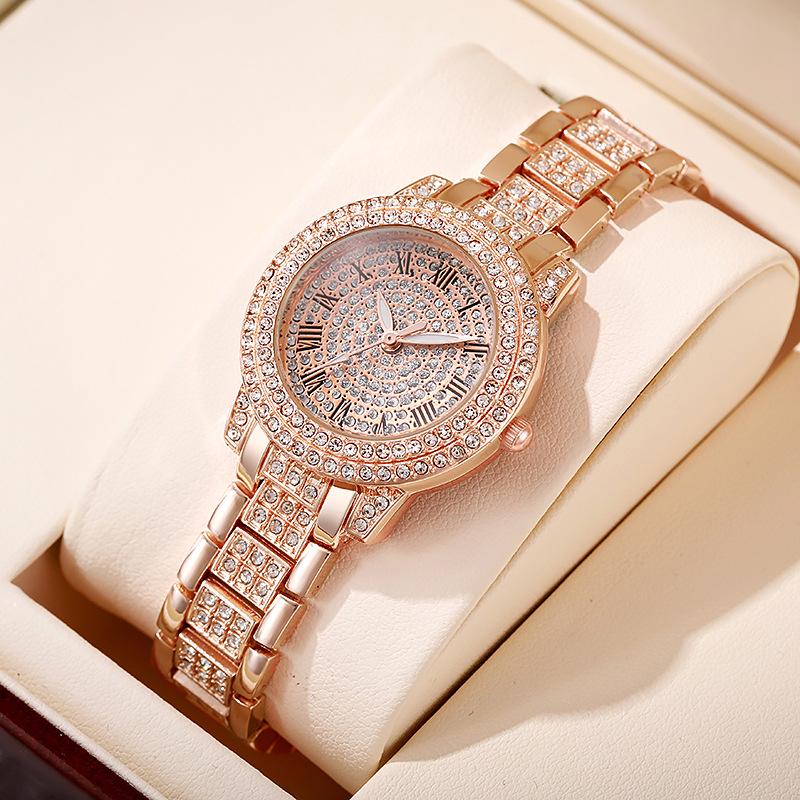 Women's Rose Gold Diamond Inlaid Quartz Watch with Roman Numerals