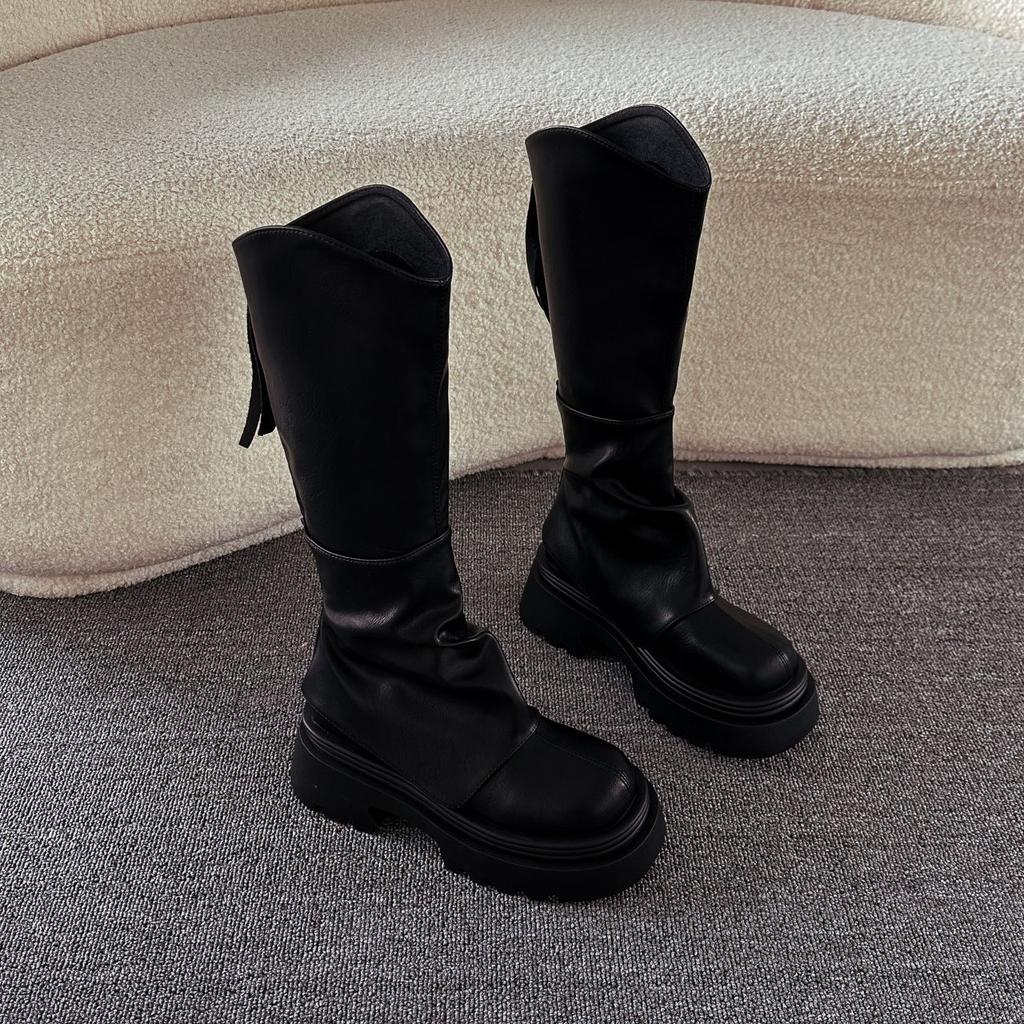 V-mouth boots children autumn and winter small thick soles but knee boots retro trousers stacked high knight boots