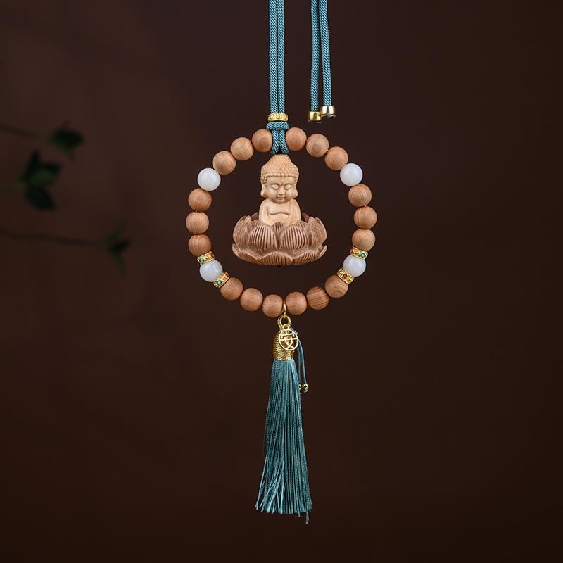 Carved Lotus Buddha Car Pendant Car Rearview Mirror Solid Wood Bodhi Tassel Figurine Hanging Decor Auto Interior Lucky Ornaments