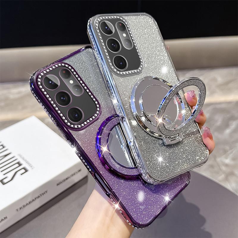 KEYSION Glitter Jewelled Magnetic Phone Case for Samsung Galaxy S25 Ultra 5G S24+ Plus S23 FE Makeup Mirror Stand Shockproof Cover
