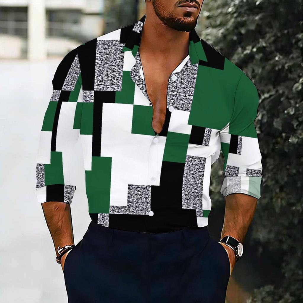Men Collared Shirt Beige Brown Leopard Animal Print Long Sleeve Button Down Top