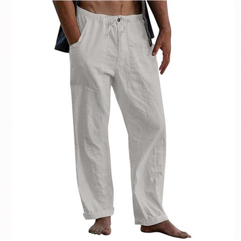 Men's Yoga Drawstring Elasticated Trousers Breathable Comfortable Loose Cotton Linen Pants Summer Beach