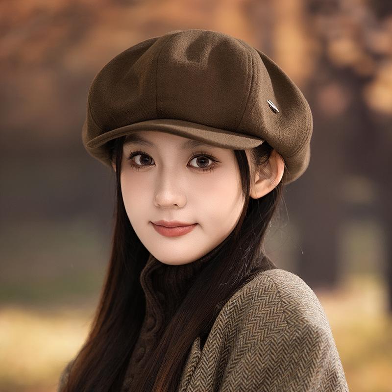 

Шляпы для женщин осенью и зимой, британский ретро, ветрозащитный, теплый берет, уличная повседневная шляпа художника, большой обхват головы, восьмиугольная шляпа, новинка One Size