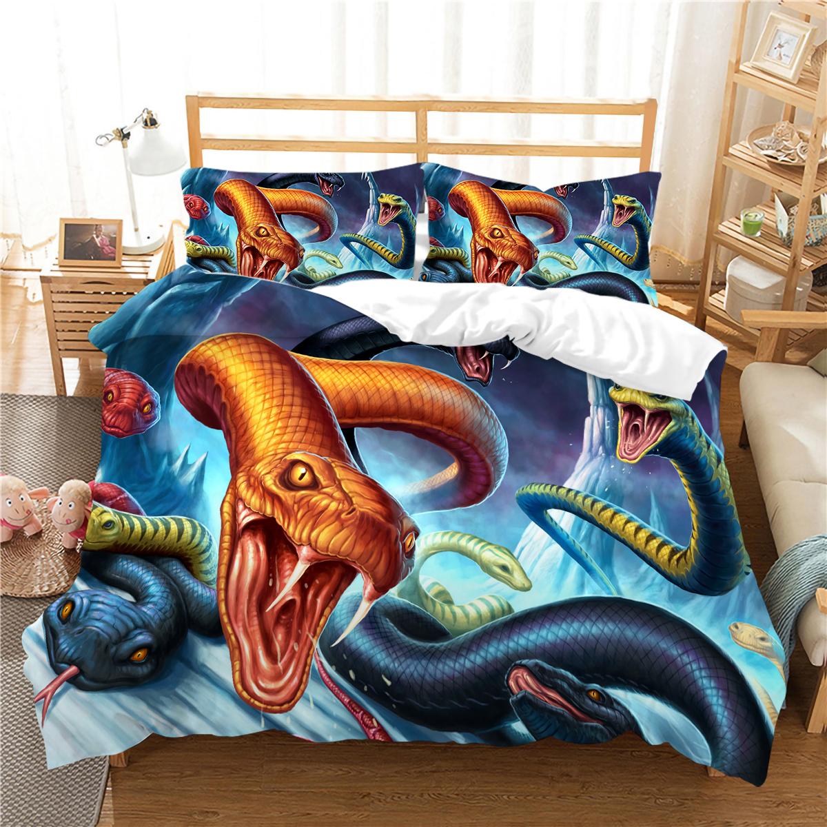 

Комплект постільної білизни з 3D-принтом зі змією, м’якою постільною білизною для тварин і наволочками, 2/3 шт. Односпальне/двоспальне ліжко Кімната для хлопчика Повнорозмірна швидковисихаюча домашня тканина, яку можна прати UK Single 135x200cm