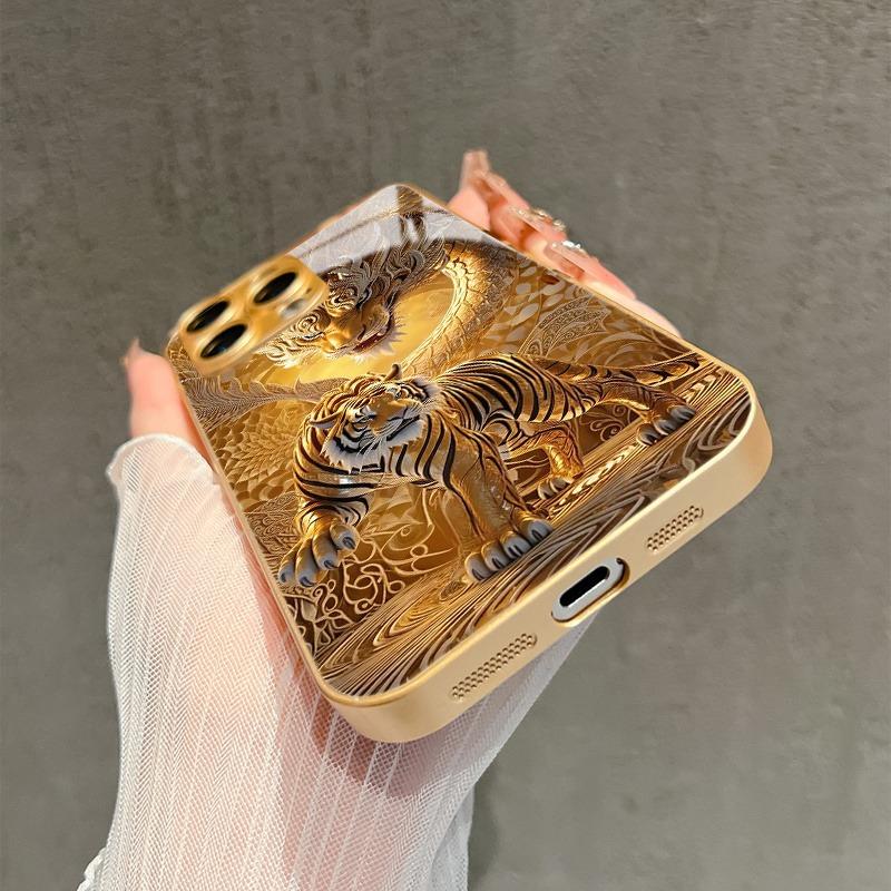 Cool Golden Dragon Tiger Pattern Metallic Paint Glass Phone Case For iPhone 17 16 15 14 13 12 11 Pro Max 14 Plus 17Air 16E Cover