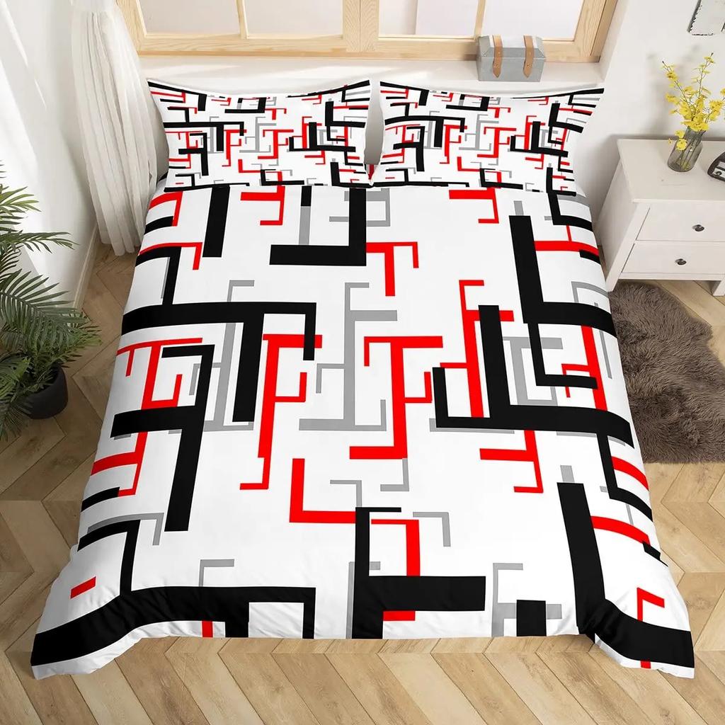 Geometric Squares Duvet Cover Set Red Beige Circle Bedding SetModern Simple Style Comforter CoverAbstract Art Quilt Cover King