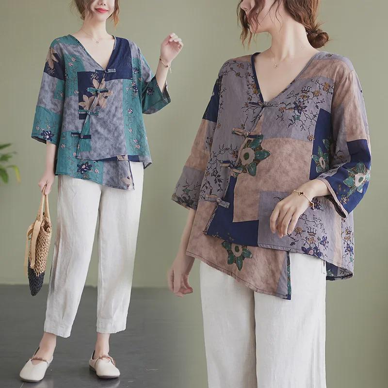 2022 Summer V-Neck Asymmetrical Cotton Linen Shirt - Printed, Plus Size, Mid-Length Sleeves, Retro Women's Fashion