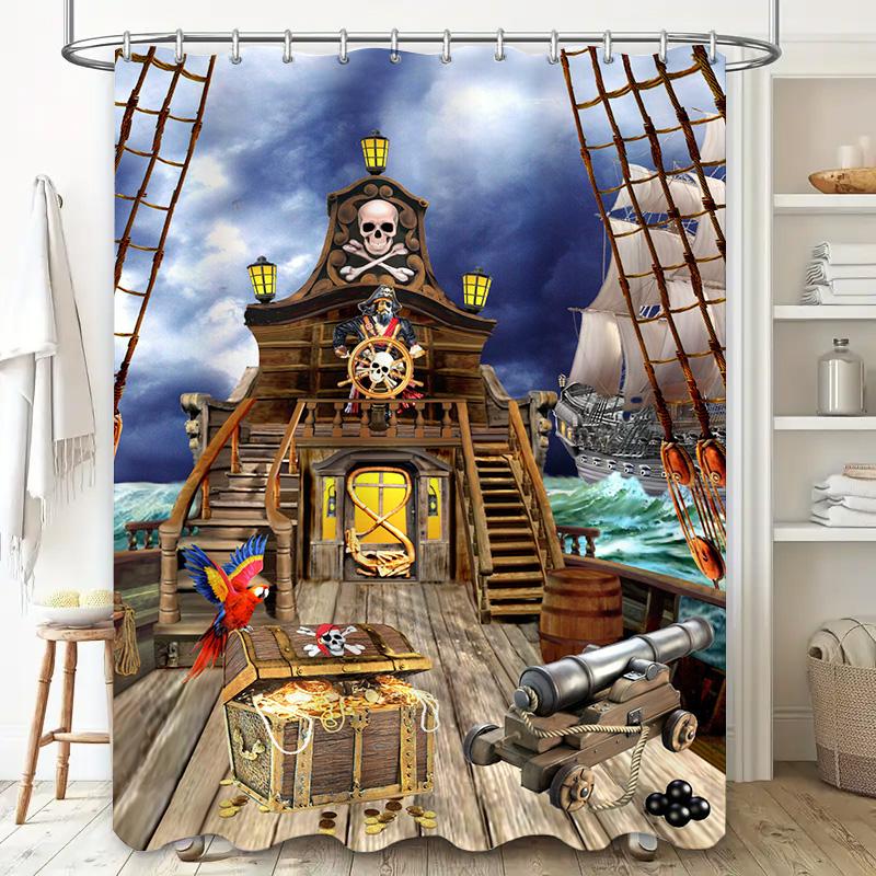 High-Quality Waterproof Shower Curtain Featuring Pirate Ship With Treasure Chests Perfect For Nautical Themed Bathroom Decor