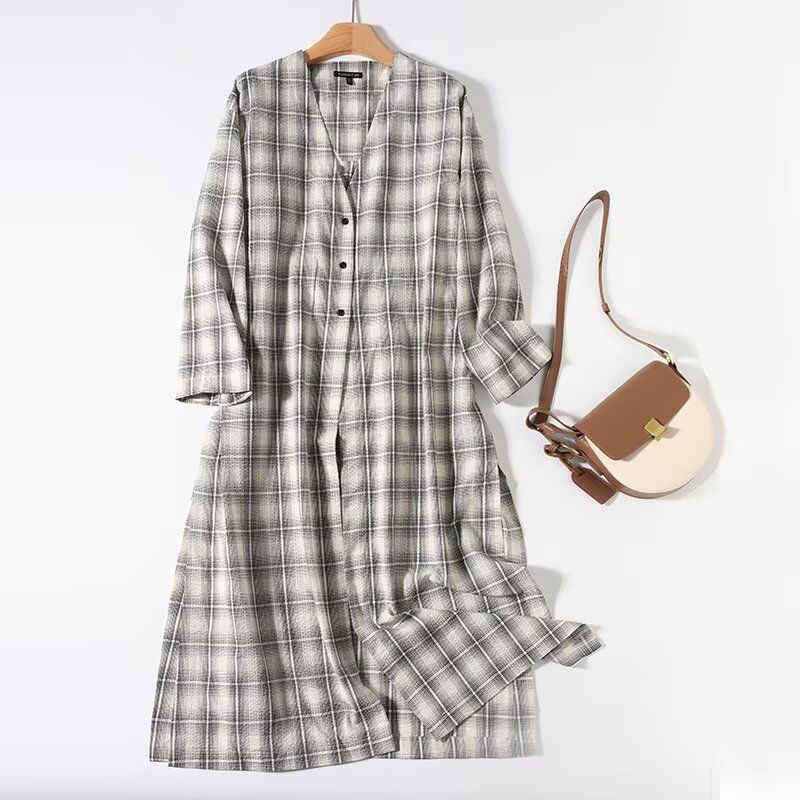 

MD Women clothes Casual Holiday Style Casual Relaxation Feeling V-neck Plaid Long sleeve Shirts Dress 05106707802 Gray L