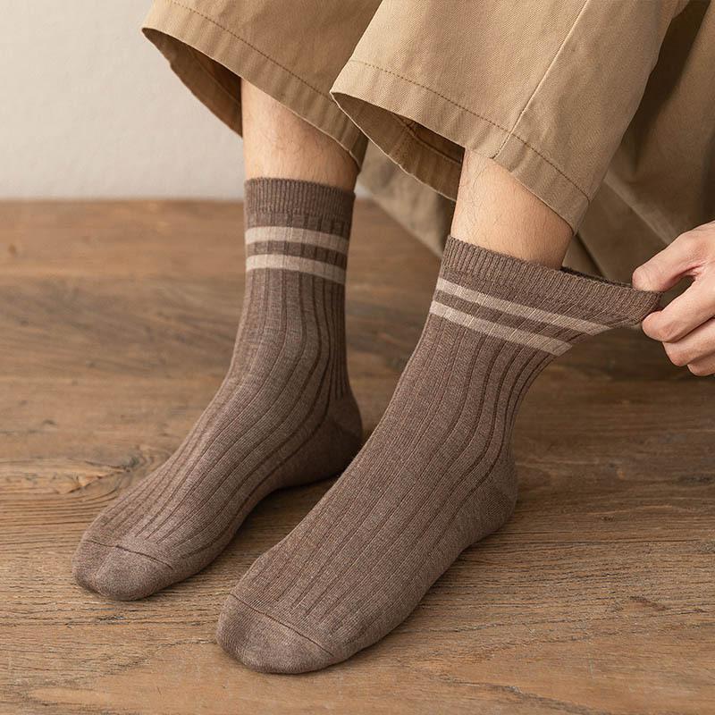 Men's Mid-calf Socks Spring and Autumn Two-bar Solid Color Cotton Socks Breathable Striped Men's Autumn and Winter Double-needle Long Calf Socks