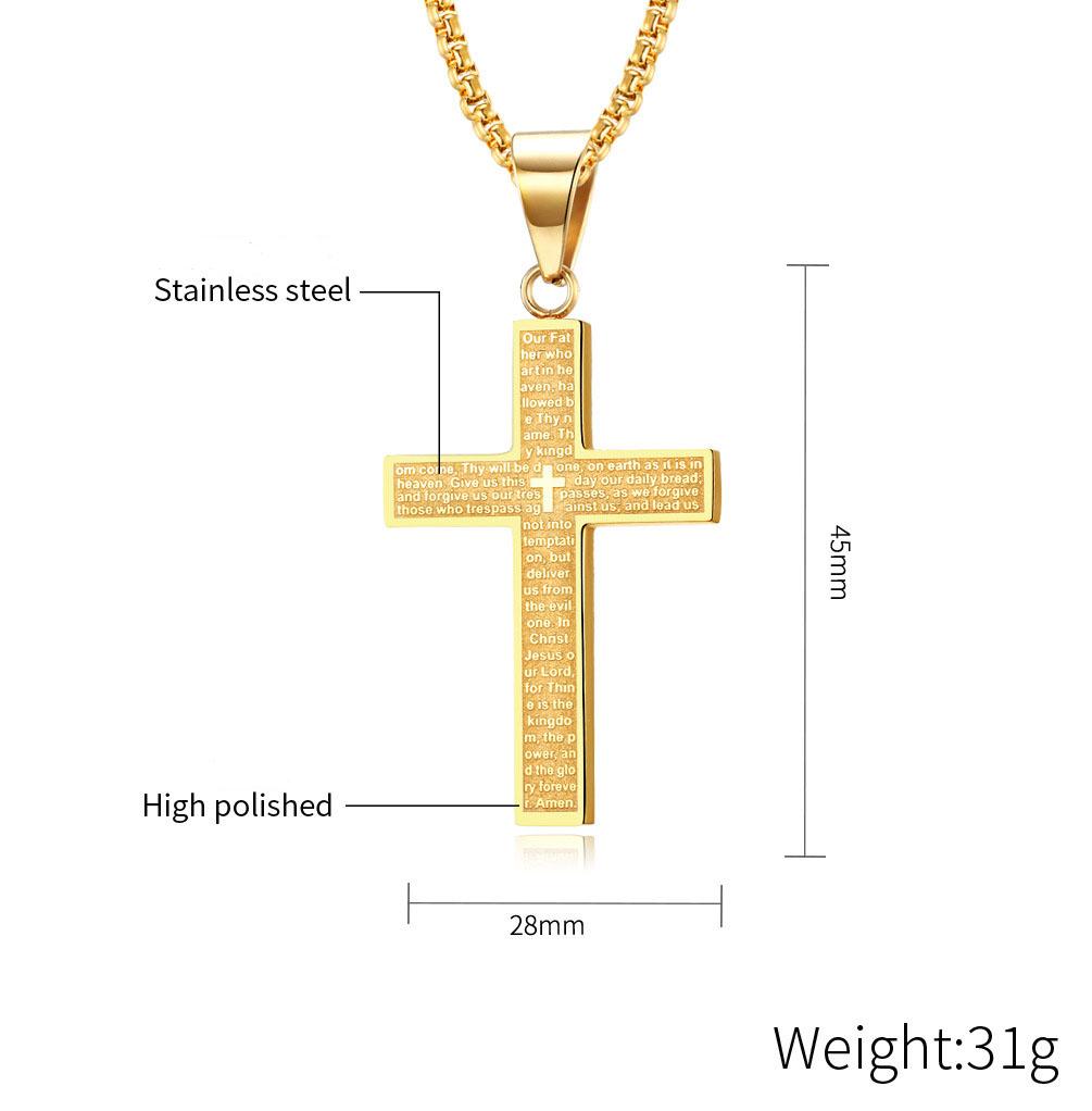 High Polished Stainless Steel Men's Cross Necklace Plated with 18K Gold Retro Faith Bible Scripture Cross Pendant Necklace
