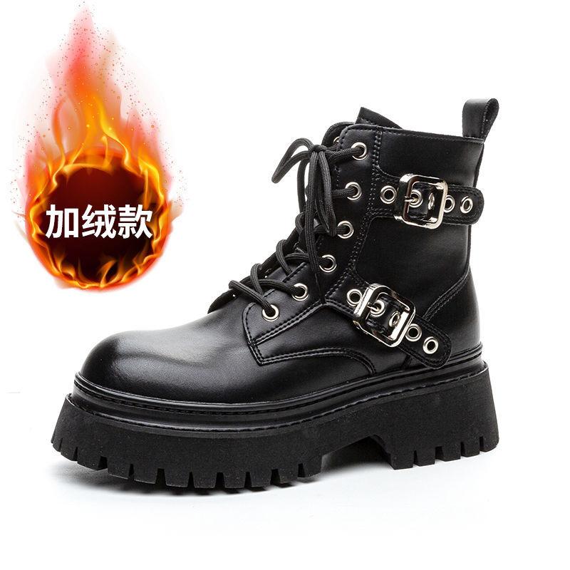 

Leather Martin boots women s autumn and winter new handsome tooling velvet short boots thick-soled heightening single boots 40