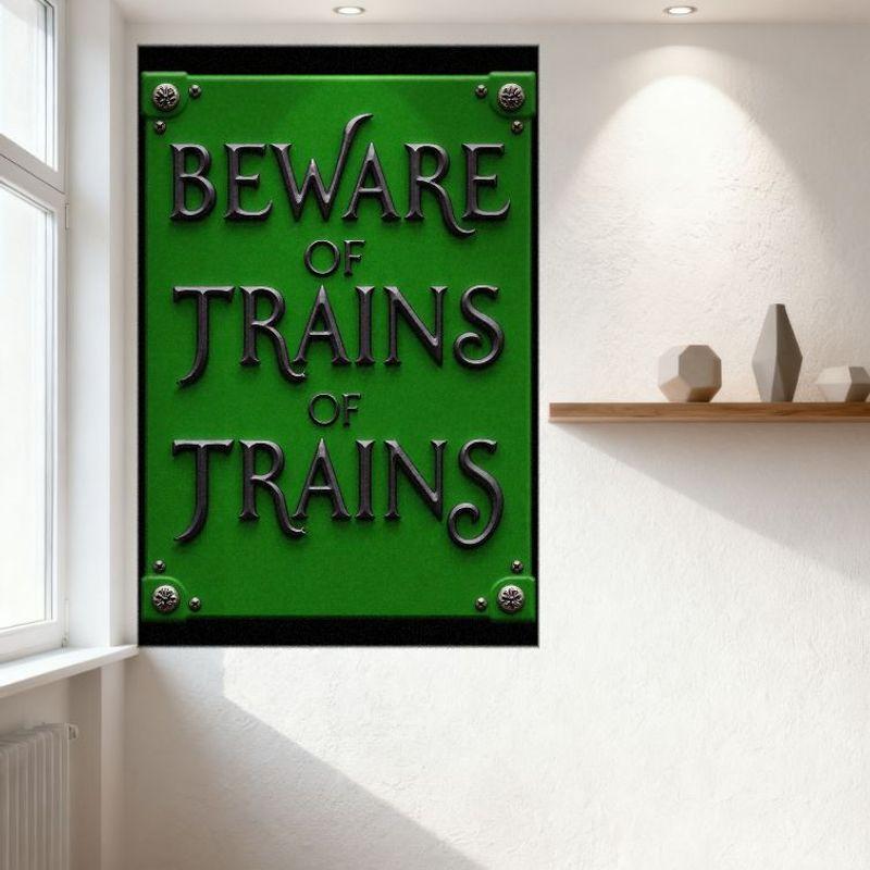 Beware of Trains of Trains Vintage Warning Metal Tin Sign with Floral Bolts, Retro Industrial Home Office Cafe Bar Decorative Pl