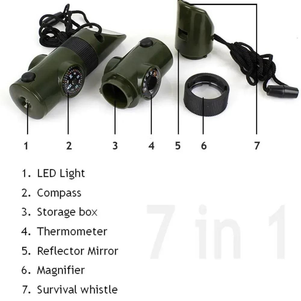 7 In 1 Jungle Survival Whistle Hiking Whistle Compass Mirror Flashlight Magnifier LED Light Thermometer Storage Compass Tool