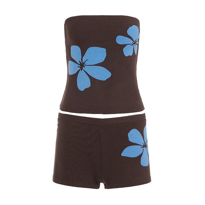 

European and American Hot Girls Summer Floral Print Tube Top Shorts Set, Casual, Fashionable, Sexy Backless Tank Top Two-Piece Set for Women Brown S