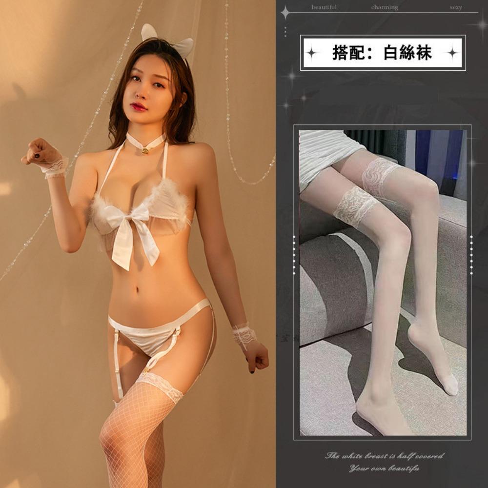 Sex Lingerie Set Sexy Hot Three-point Feather Cute Bow Halter Crotch Temptation Uniform Set