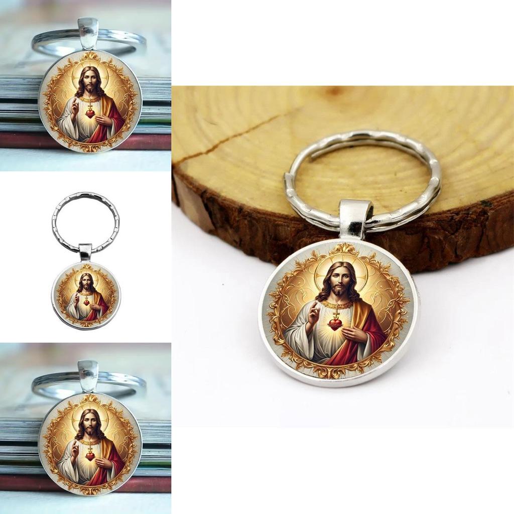 Heart Character Jesus Glass Keyring With Alloy Decor For Party Celebration Gifts