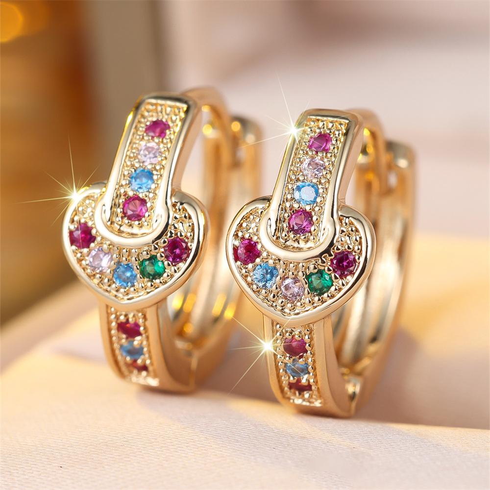 Round Stone Multicolor Zircon Love Heart Hoop Earrings For Women Vintage Gold Silver Color Ear Buckle Wedding Party Jewelry Gift