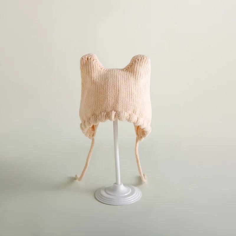 Vinter Tegneserie Baby Strikkelue Ensfarvet Varm Ørebeskyttelseslue for Spedbarn Bonnet Småbarn Barn Gutt Jente Beanie Luer
