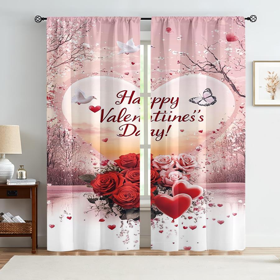 2PCS Pink Spring Scenery Love Curtains   Gentle and Romantic Style   Bedroom and Living Room   Drawbar Pocket Decorative Curtains