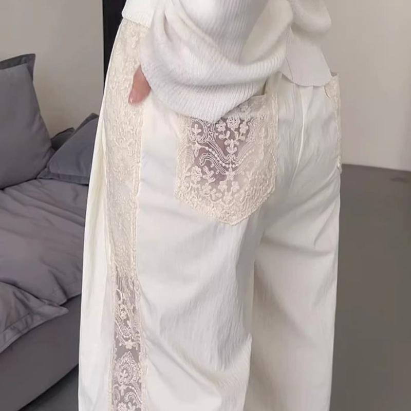 Patchwork Lace Loose Wide Leg Pants for Women Spring/Summer Design Hollow Casual Wide Leg Pants