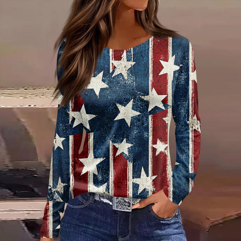Women’s Long Sleeve Crewneck Top with Star Print Loose Fit Pullover Casual Style Comfortable Soft Fabric for Daily Wear