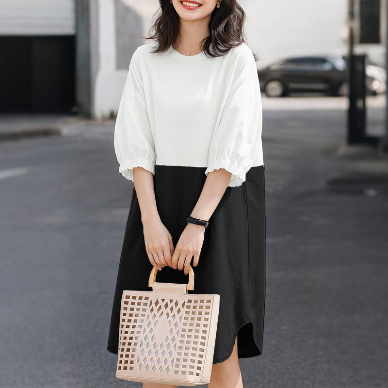 ZANZEA Women Round Neck 3/4 Sleeve Loose Patchwork Summer Dress
