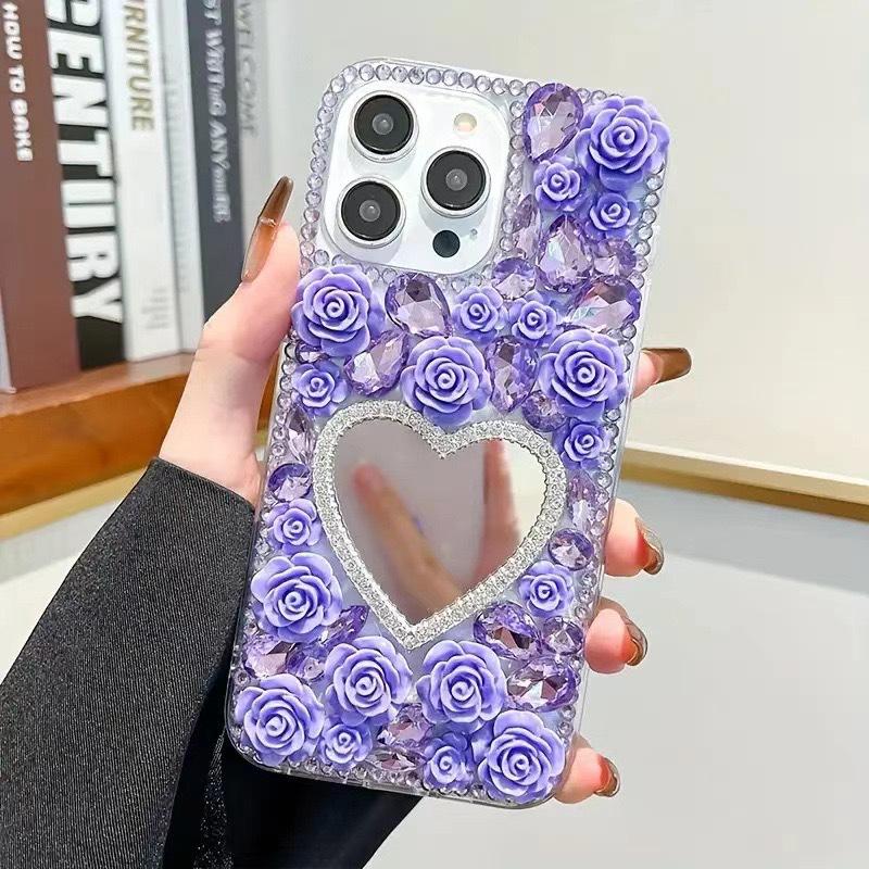 Rhinestone Flower Love Mirror for IPhone17Promax Mobile Phone Case for Apple 16plus Luxury 14 Women's Model