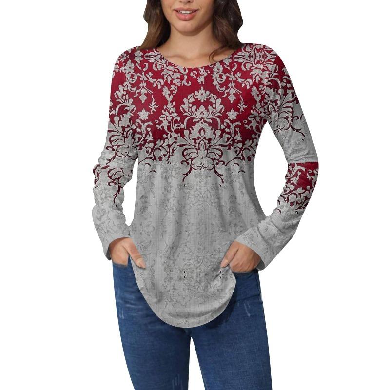 Shirts for Women Cute Vintage Pattern Print T-Shirt Long Sleeve Tunic Tops Cotton Pullovers T-Shirts Women’s
