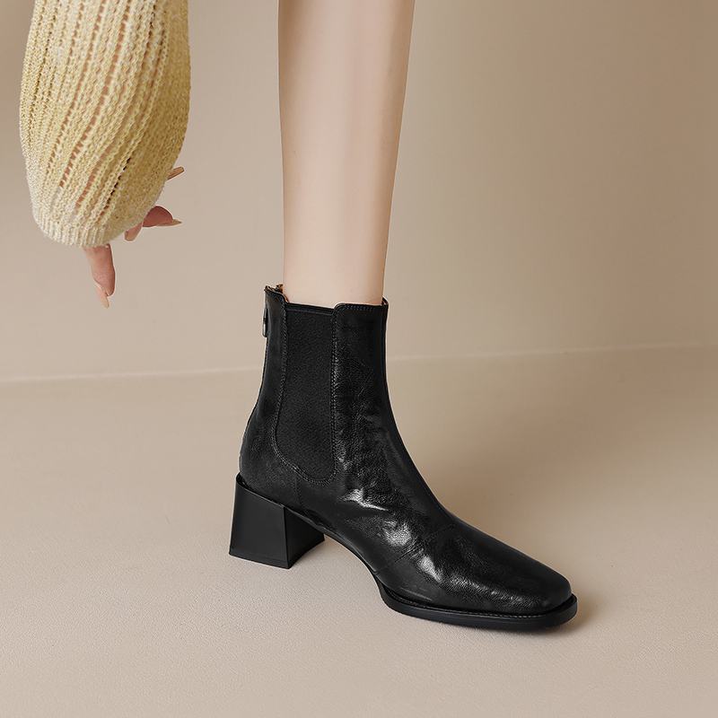 Krazing Pot Sheep Skin Square Toe Winter Med Heels Chelsea Boots Women Zipper Retro Fashion Leisure Ankle Boots