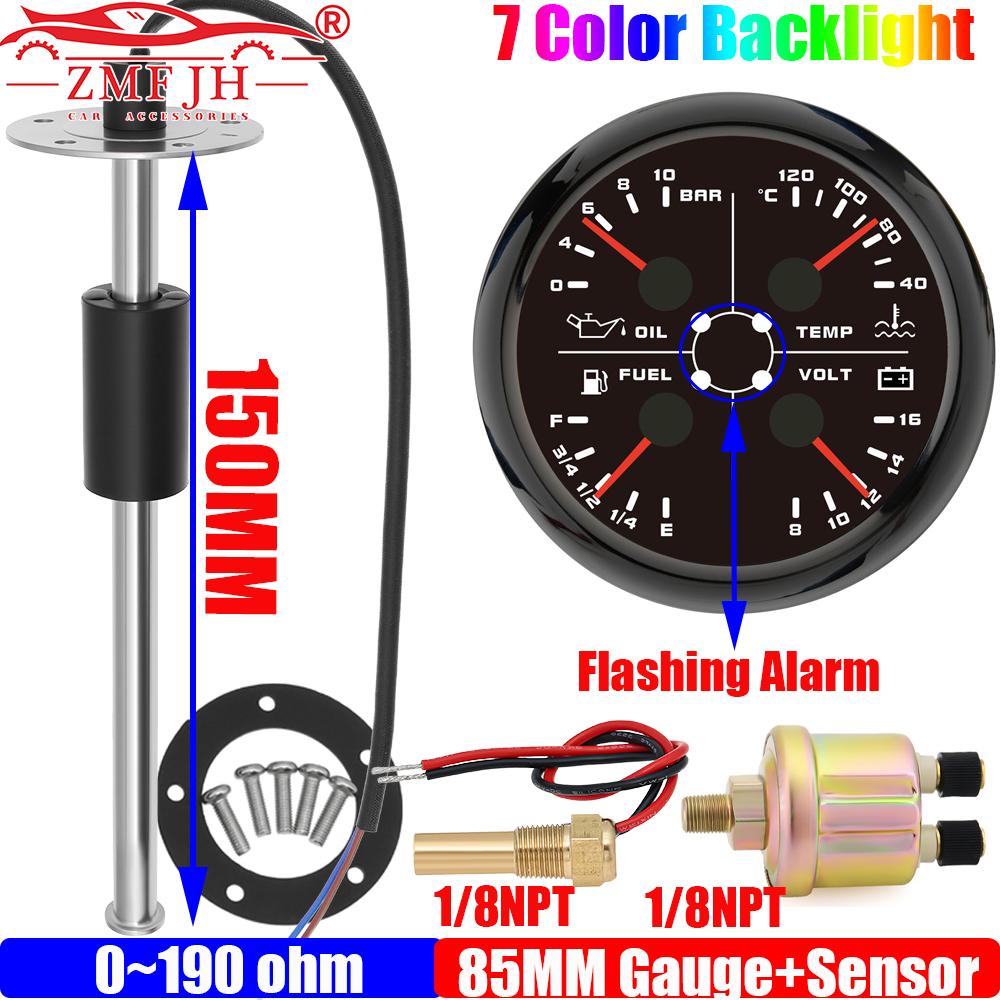 7 Color LED MultiFunction 85mm Gauge Oil Pressure+Water Temperature+Fuel Level Gauge+Voltmeter with Sensor 0-190ohm Auto Car 12V