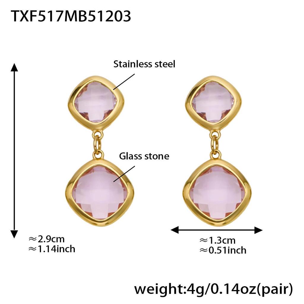 Geometric Glass Stone Earrings & Stainless Steel Bead Necklace Bracelet Set - Multi-color Patchwork Jewelry
