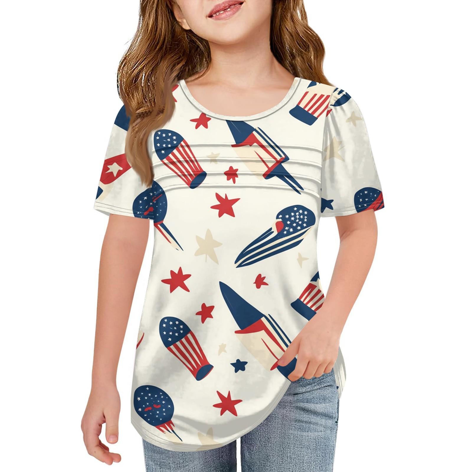 

Kids Pleated T-shirt Short Sleeve Summer Crewneck Printed Independence Day Casual Top T-shirt 150 бежевый