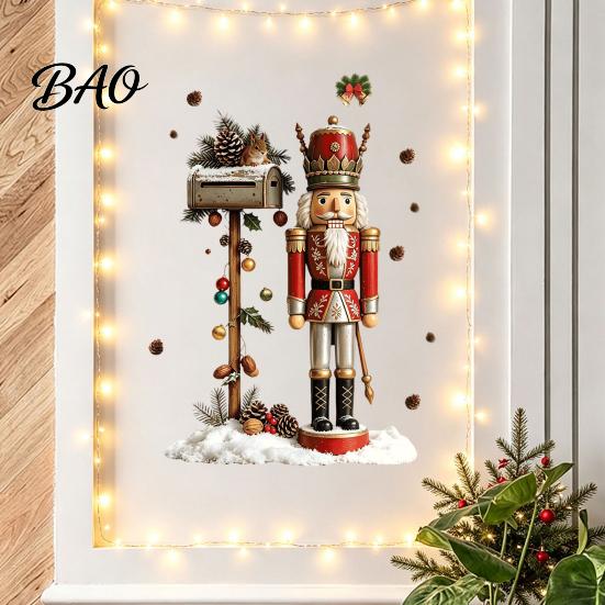 Christmas Atmosphere Wall Decals for Fridge Nutcracker Soldier Decal, Vintage Mailbox Snow Scene Self-Adhesive Party Background Decor Sticker,
