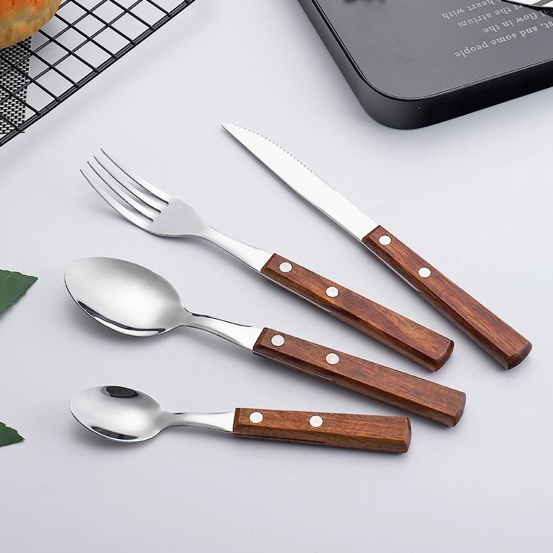 

Jaswehome Stainless steel serrated steak knife dinner fork spoon wooden dinnerware set Multi-purpose western dining tools