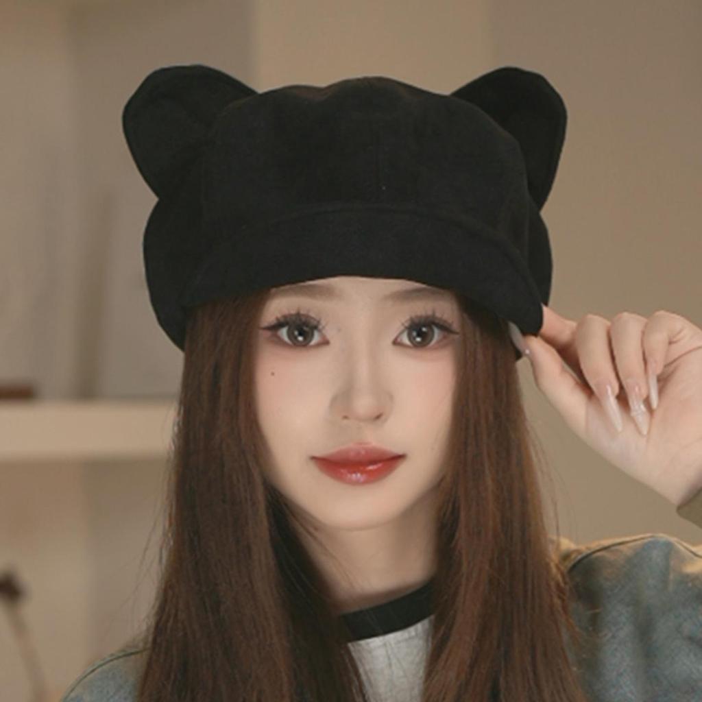 Autumn/Winter Japanese Cute Bear Ears Suede Octagonal Painter Hat - Women's Simple, Versatile & Face-Flattering Design