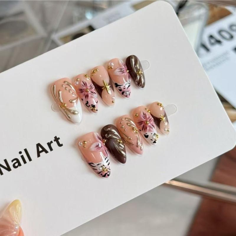 10Pcs Leopard Print Press On Nails - Pink Brown Fake Nails with Gold Accents XS