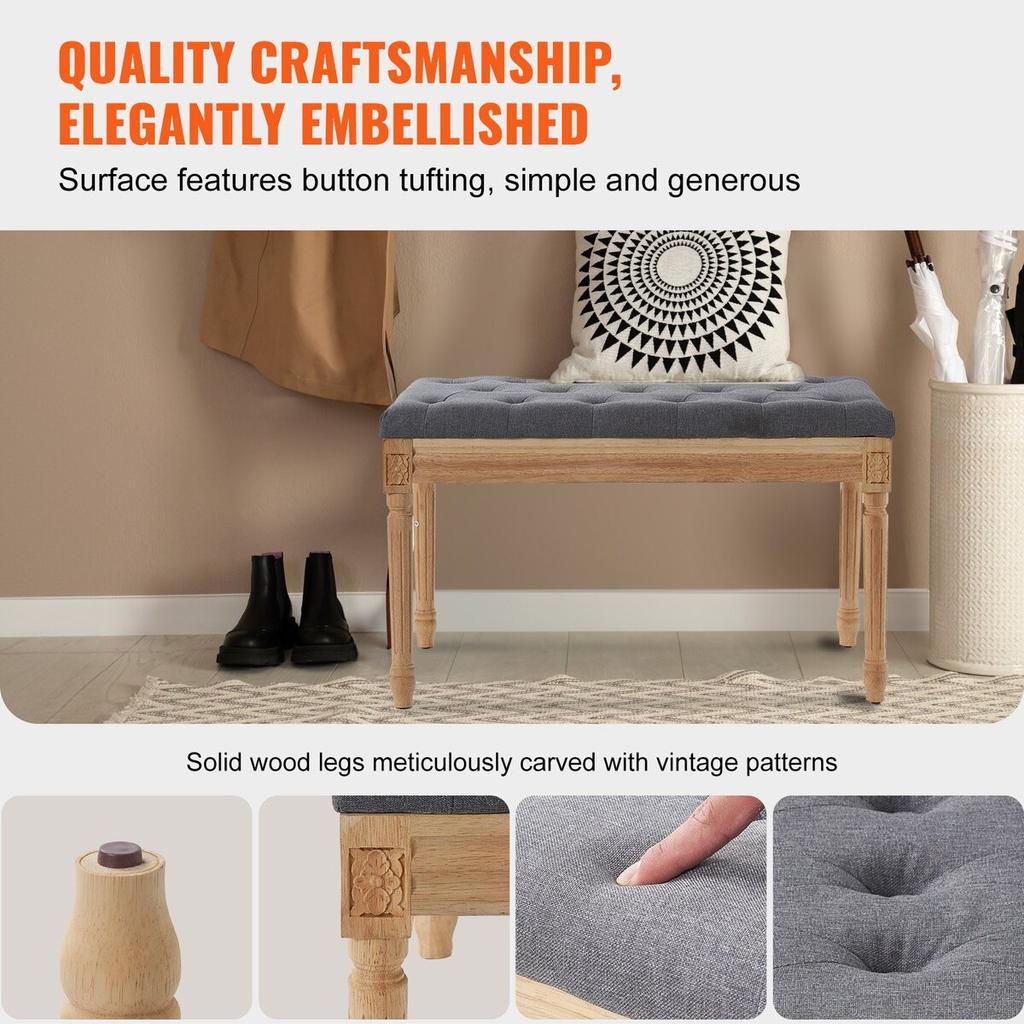 Upholstered Bench, 16"W Ottoman Bench, End of Bed Bench with Foam Padded Cushion and Rubberwood Legs, Tufted Footrest Stool Entryway Bench for Dining