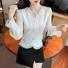 French Jacquard V-neck Shirt Women's Chiffon Long-sleeved Flared Sleeve In Spring and Autumn with Design