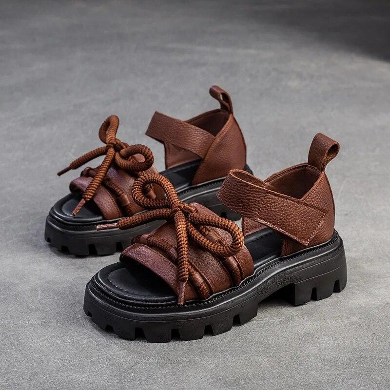 Johnature Wszechstronne sandały z odkrytymi palcami i pętelkami. Buty damskie w stylu retro z prawdziwej skóry na grubej podeszwie