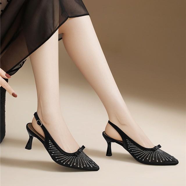 Leichte, luxuriöse Damenschuhe, vielseitige Oberbekleidung, ideal für den Frühling, bequeme Schuhe für den Arbeitsweg, atmungsaktiv, feiner Absatz, Mesh, Strass-High Heels