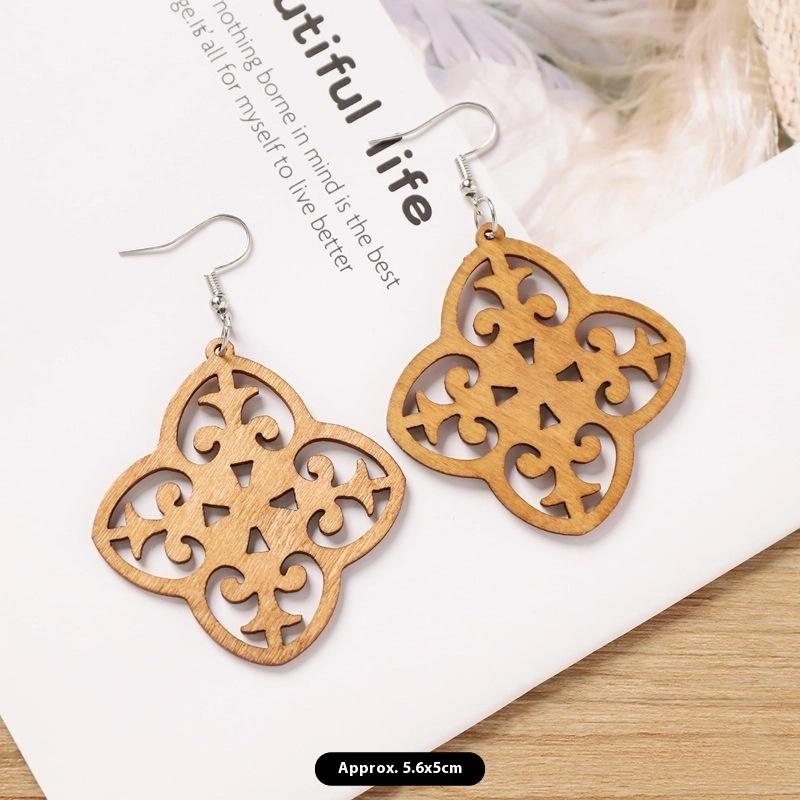 

1 Pair Bohemian Wooden Pendant Hollow Earrings Geometric Ethnic Style Perfect For Women Lightweight Earings Jewelry Gift