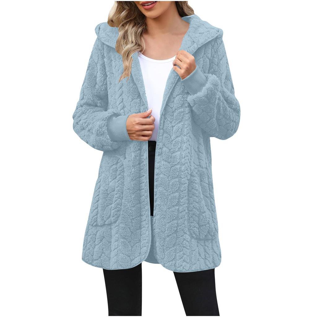 Women's Fashionable Coat Solid Color Long Sleeved Pocket Loose Hooded Plush  Jacket